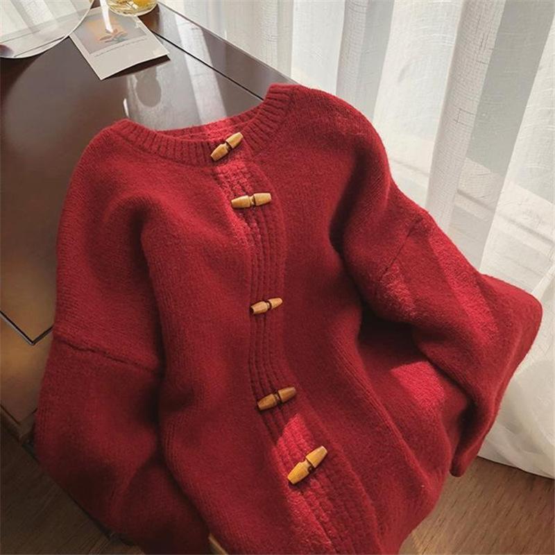 Осенне-зимний женский свитер в стиле ретро, ​​однотонный свитер на пуговицах с бычьим рогом, куртка, ленивый свободный мягкий вязаный кардиган с круглым вырезом, верхняя одежда