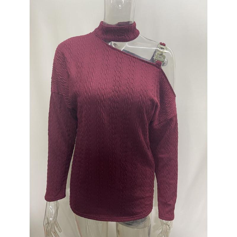 Осенне-зимняя мода Сексуальный пуловер с цепочкой на косое плечо Топы С открытыми плечами С длинными рукавами Повседневная простая уличная блузка Вязаный однотонный свитер с высоким воротом