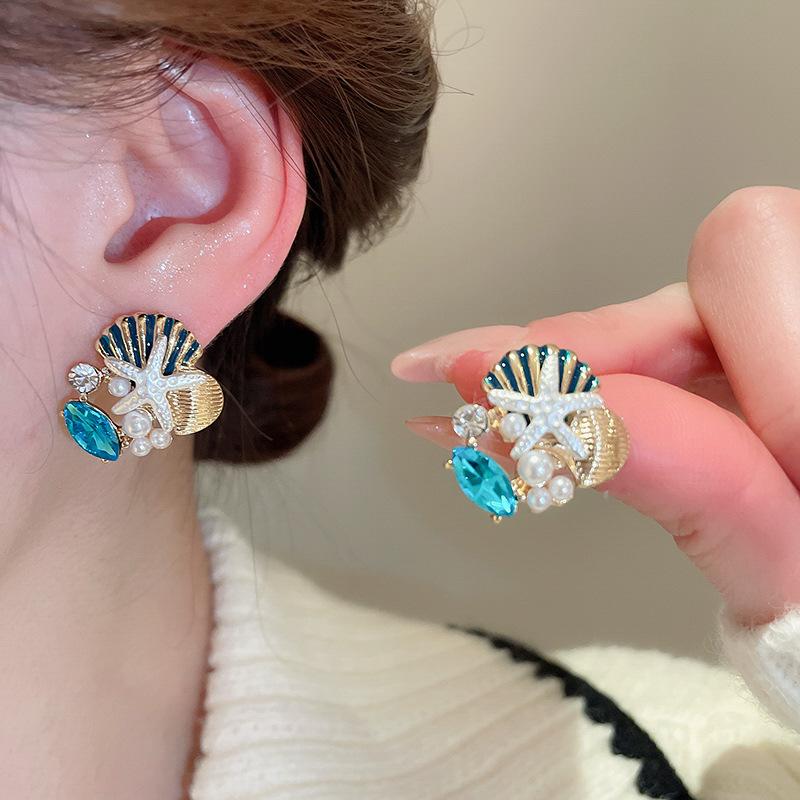 2025 Luxury Beach Multicolor Starfish Shell Necklace Earrings Women Pearls Shining Rhinestones Blue Ocean Elegant Y2K Jewelry