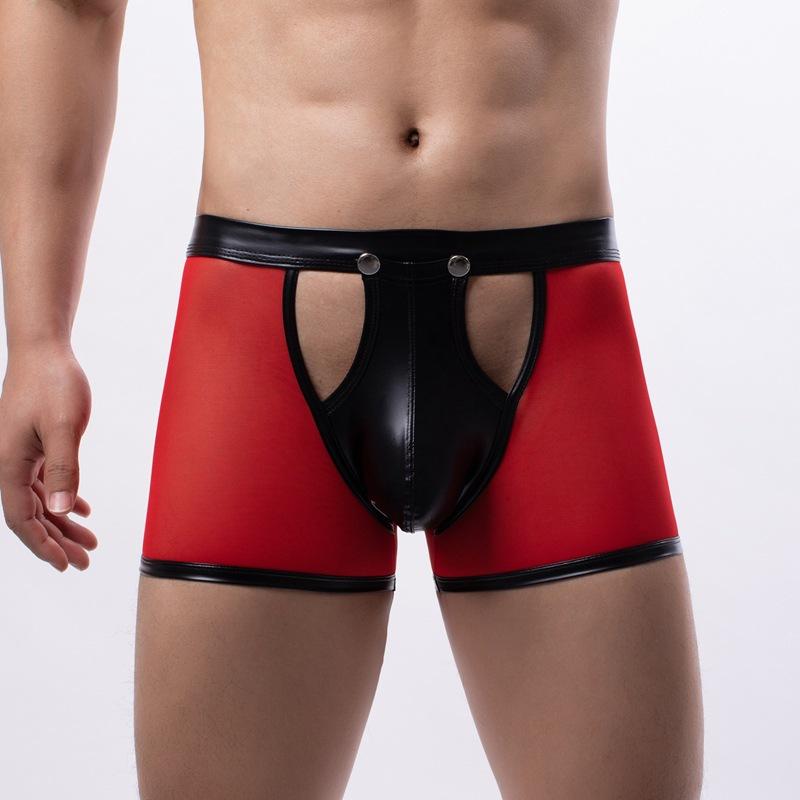 Low Waist Hollow Out Erotic Lingerie Sexy Mens Underwear Man Clothing Patent Leather Red Sheer Mesh Pouch Low Waist Briefs