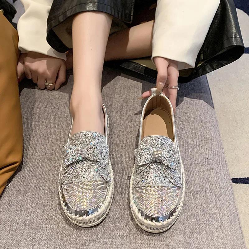 Весенние и осенние женские туфли Le Fu на плоской подошве с круглым носком и низким каблуком, со стразами и пайетками, новинка 2024 года, высококачественная модная женская обувь