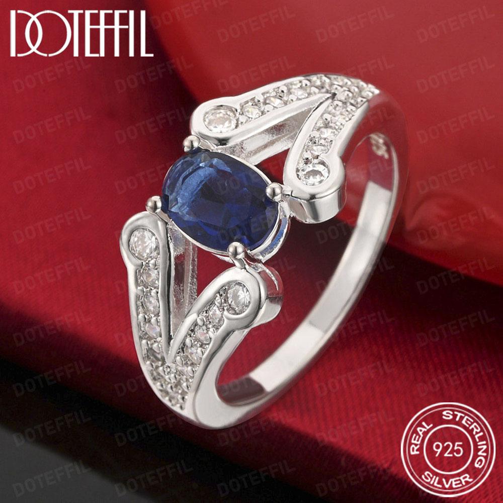 925 Sterling Silver Blue Crystal Ring for Women Man Fashion Wedding Engagement Party Charm Jewelry