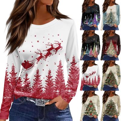 Женская модная повседневная свободная футболка с разрезом и круглым вырезом с длинным рукавом с принтом, женский топ