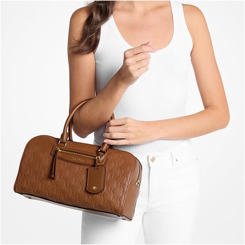MICHAEL KORS Jet Set Travel Embossed Logo Design Gold Metal Details Cow Leather Travel Bag Women's Brown