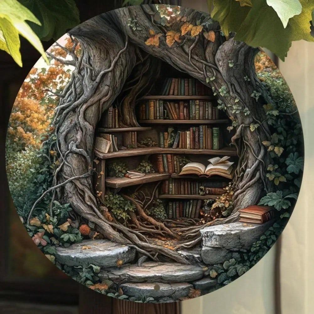 Винтажная книжная полка в виде дерева, Металлическое настенное искусство, Круглый алюминиевый знак для декора гостиной, домашнего офиса