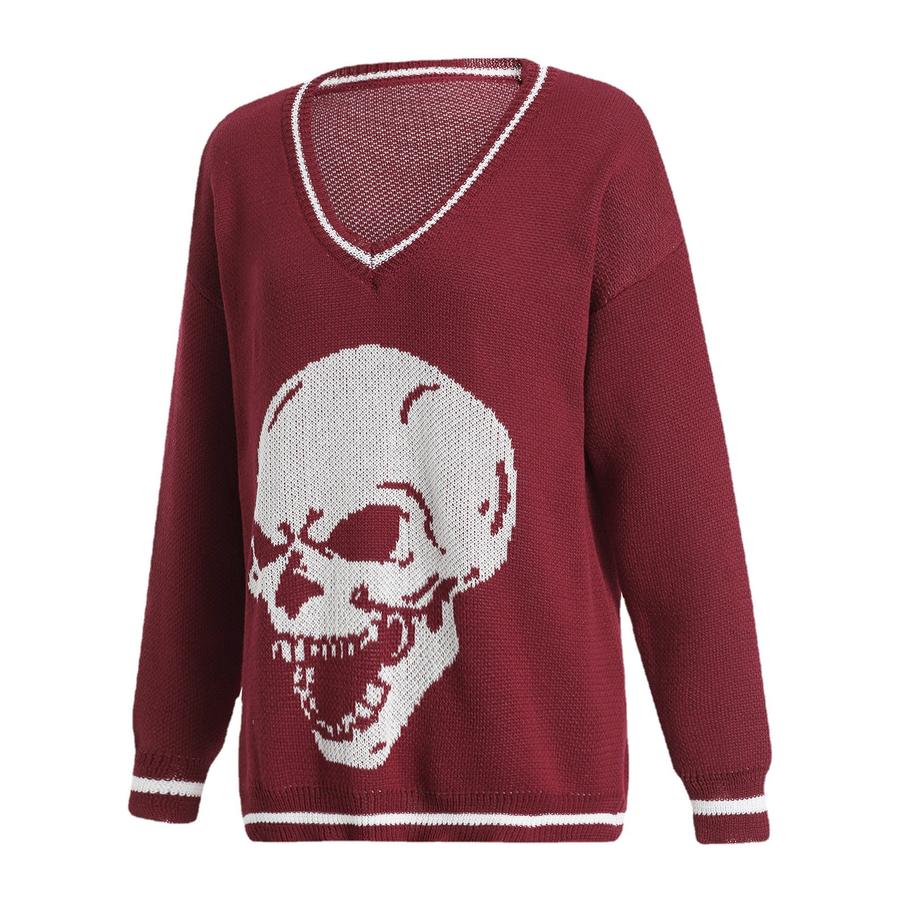 New Autumn Winter College Style Skull Knit Long Sleeve Top Loose Women's Clothing