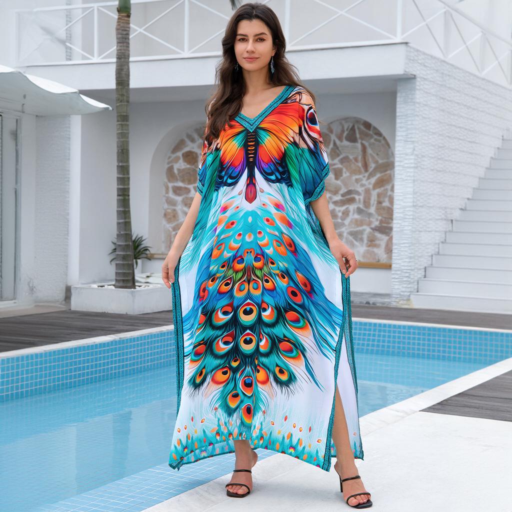 Женская мода лето весна перо принт рукава 1/2 V-образный вырез свободная талия повседневные платья