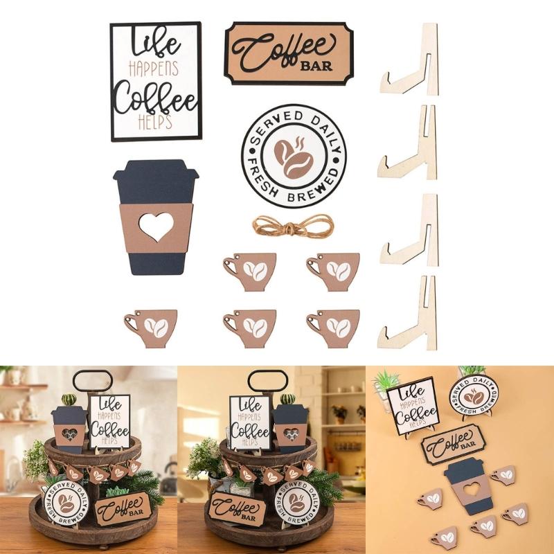 Coffee Bar Tiered Tray Decoration Wooden Coffee Sign Mini Coffee Cup Rustic Table Centerpieces for Farmhouse Kitchen