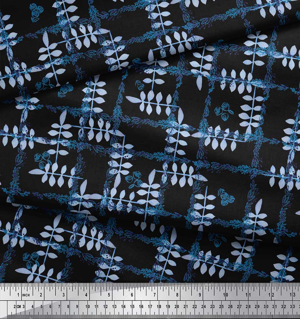 Soimoi Black Japan Crepe Satin Fabric Leaves & Floral Check Print Fabric by the metre 42 Inch