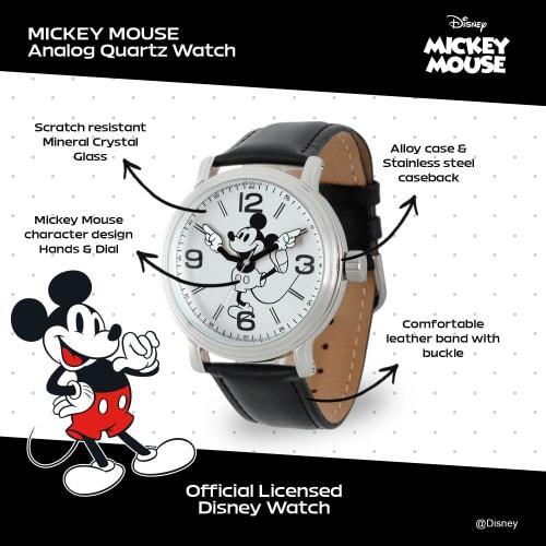 Disney Men's W001853 Mickey Mouse Silver-Tone Watch with Black Synthetic Leather Band