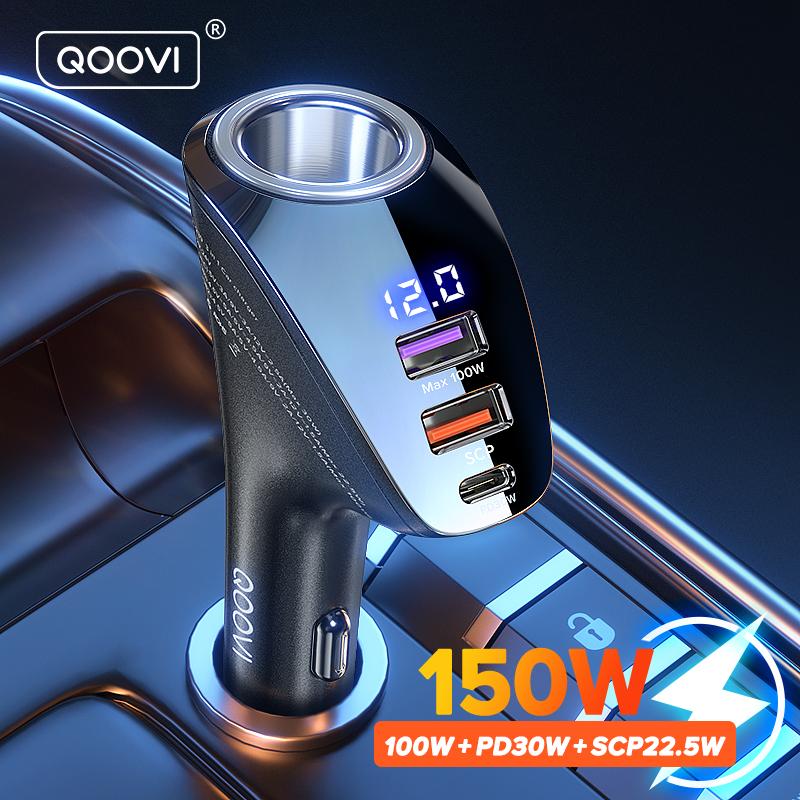 QOOVI Автомобильное зарядное устройство 150 Вт, USB Type C, сверхбыстрая зарядка PD 4,0, быстрая зарядка 3,0, разъем прикуривателя для iPhone Xiaomi Samsung