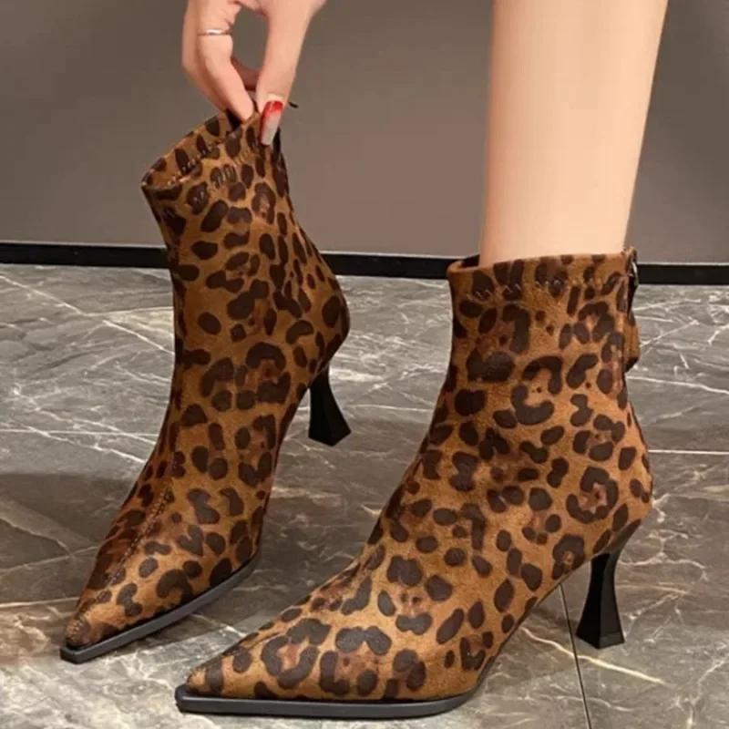 High Heels Ankle Boots Women Leopard Pointed Toe Shoes Winter New Trend Chelsea Snow Botas Pumps Fashion Sexy Zapatos Mujer