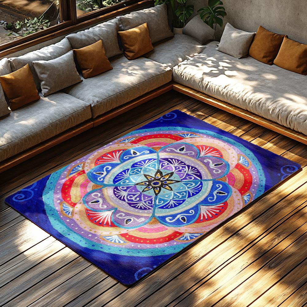 Bohemian Area Rug Mandala Carpet Meditative Floor Mat Spiritual Home Decor Yoga Room Accent Peaceful Living Unique Design Non-Sl