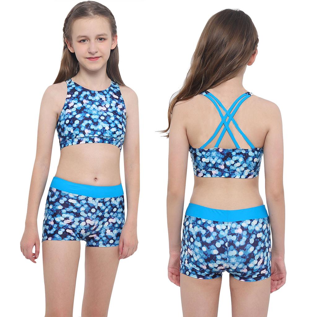 Детский купальник-танкини с принтом для девочек, комплект из двух частей, топ без рукавов с перекрещивающимися бретелями и шорты