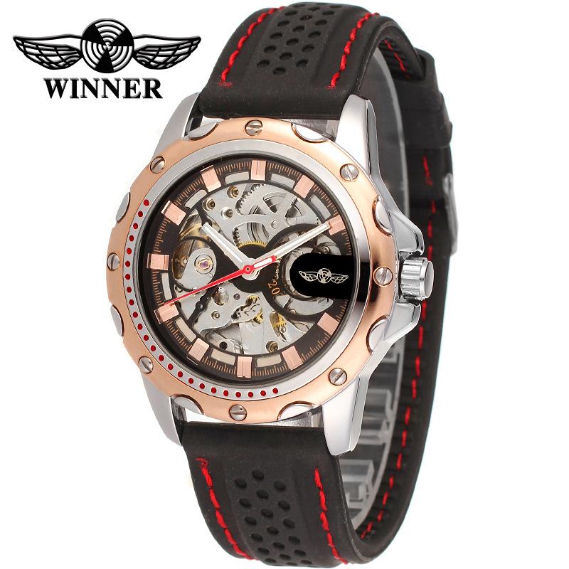 Winner Top Men's Watch Skeleton Men's Automatic Mechanical Watch Black Fashion Watch Silicone Strap