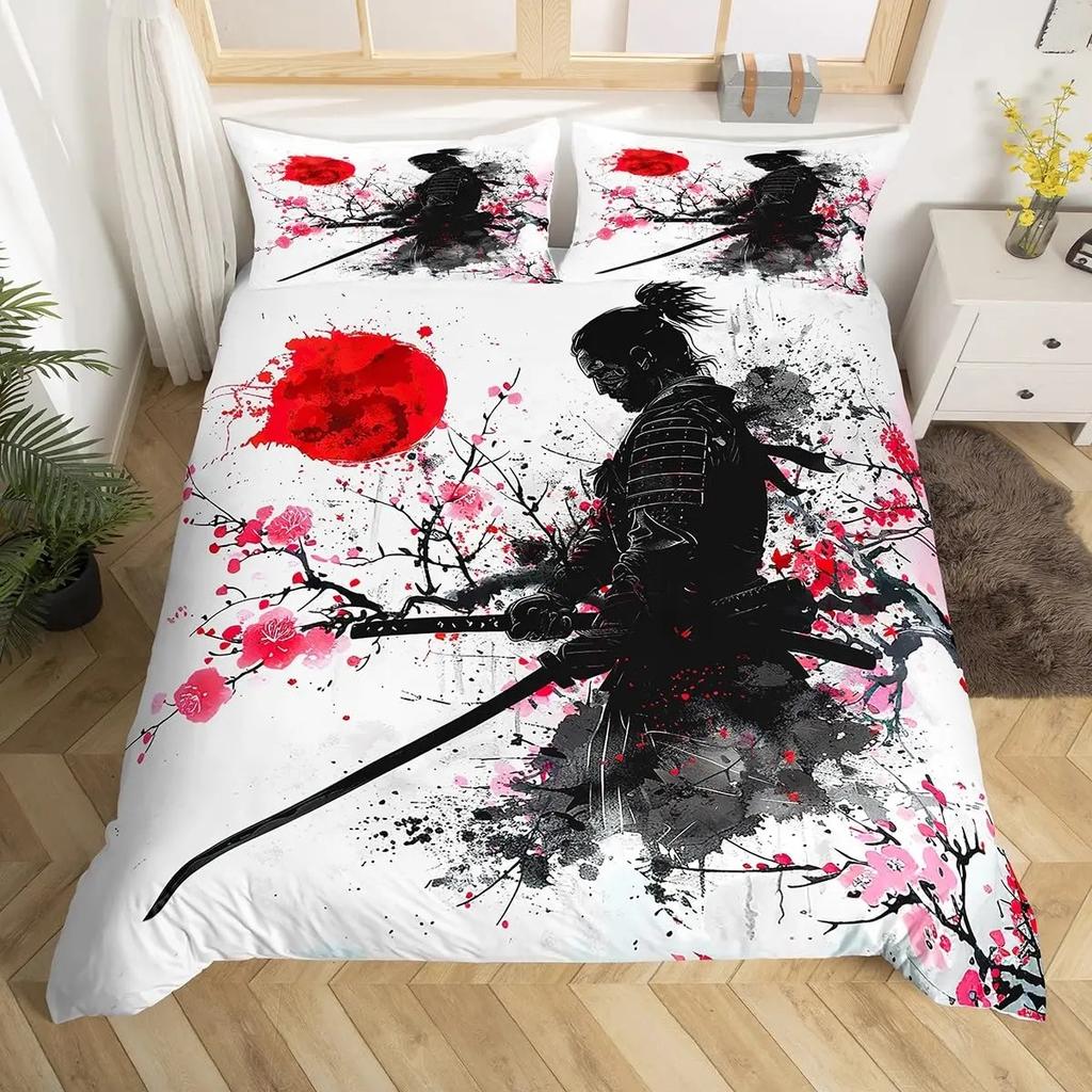 Японский самурайский постельный комплект Полный размер Пододеяльник с вишневыми цветами Красное солнце Хокусай Пододеяльник Фудзияма Покрывало