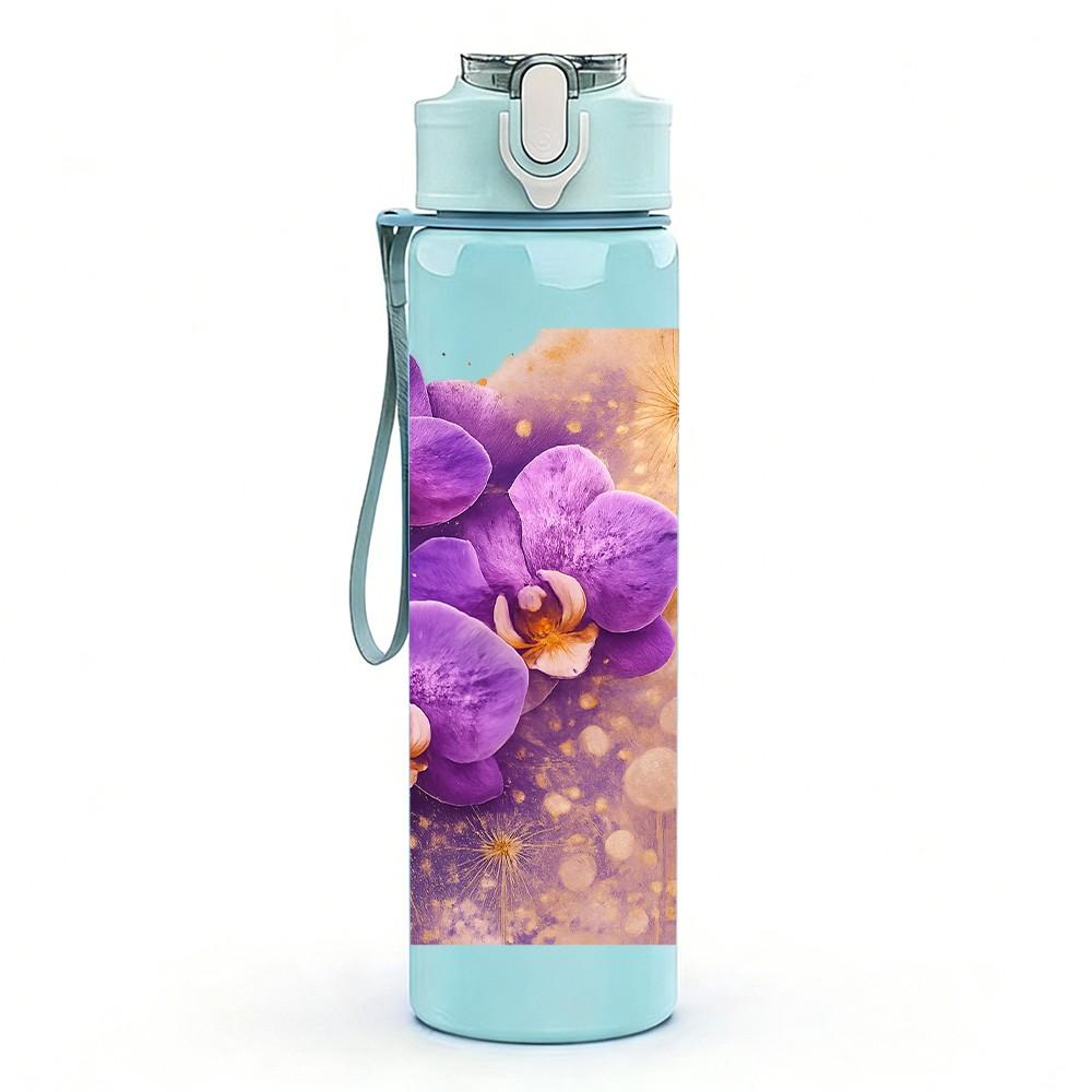 1PC Purple Orchid Vintage Floral Print 750ml Color Plastic Sports Water Bottle Leakproof Flip Straw Lid Suitable for Sports Office Home Use