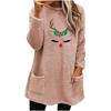 Women's Christmas Deer Print Plush Hoodie - Loose Fit, Round Neck, Long Sleeve, with Pockets