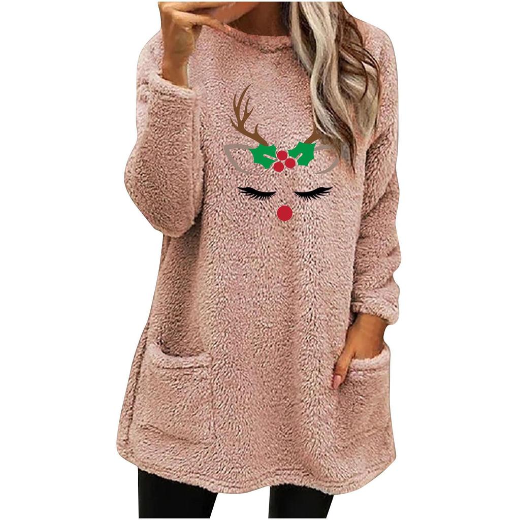 Women's Christmas Deer Print Plush Hoodie - Loose Fit, Round Neck, Long Sleeve, with Pockets