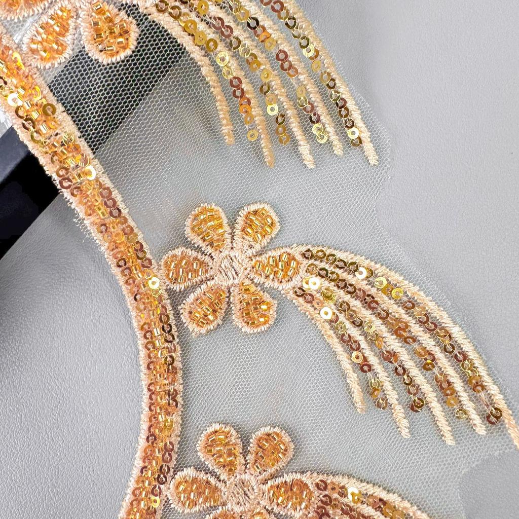 Gold Handmade Beads Three-Dimensional Flower Embroidery Applique Evening Dress Performance Dress Neckline Decoration Front Collar Cloth Sticker