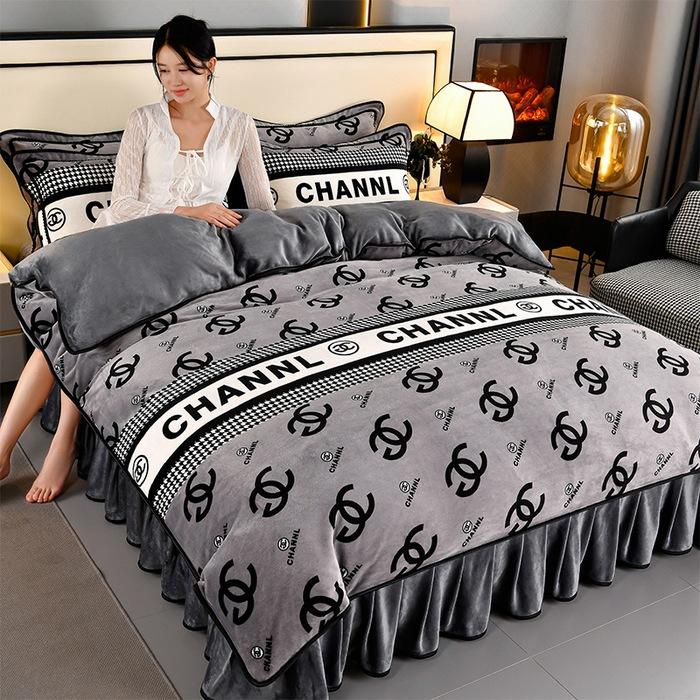 Утолщенный Молочный Флис Четырехпредметный Пододеяльник из Кораллового Флиса, Флисовая Простыня, Двустороннее Флисовое Фланелевое Постельное Белье, Юбка для Кровати