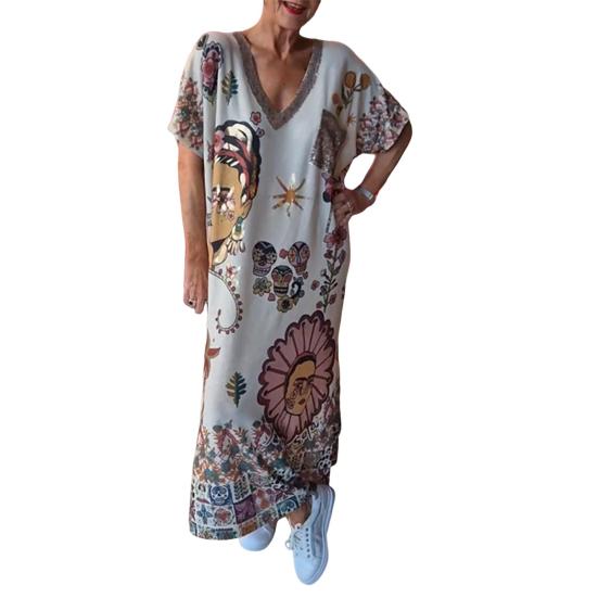 Summer Women Dress V Neck Short Sleeves Loose Retro Ethnic Printing Pullover Ankle Length Casual Daily Wear Maxi Dress