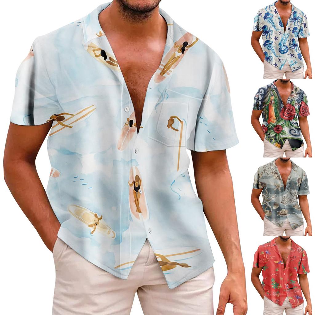 Новая летняя мужская облегающая рубашка с принтом, большая модная повседневная мужская рубашка с коротким рукавом