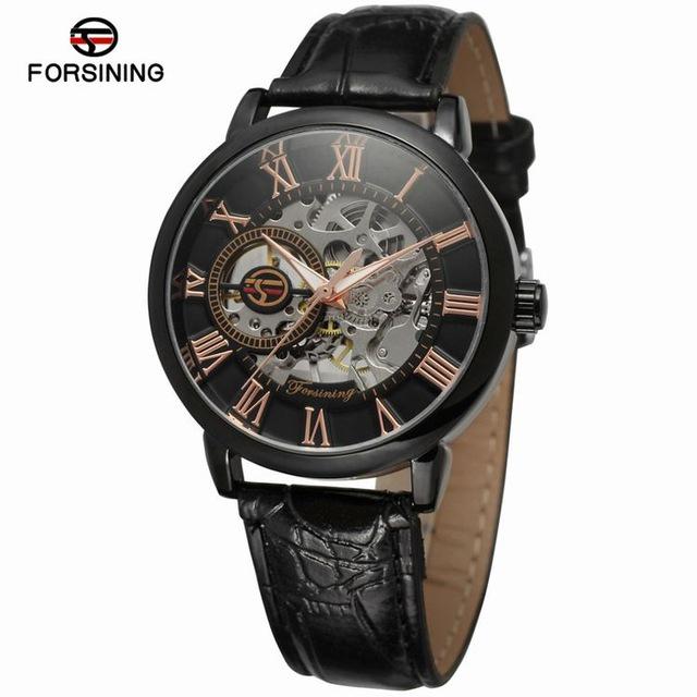 Forsining 3d Logo Design Hollow Engraving Black Gold Case Leather Skeleton Mechanical Watches Men Luxury Brand Heren Horloge