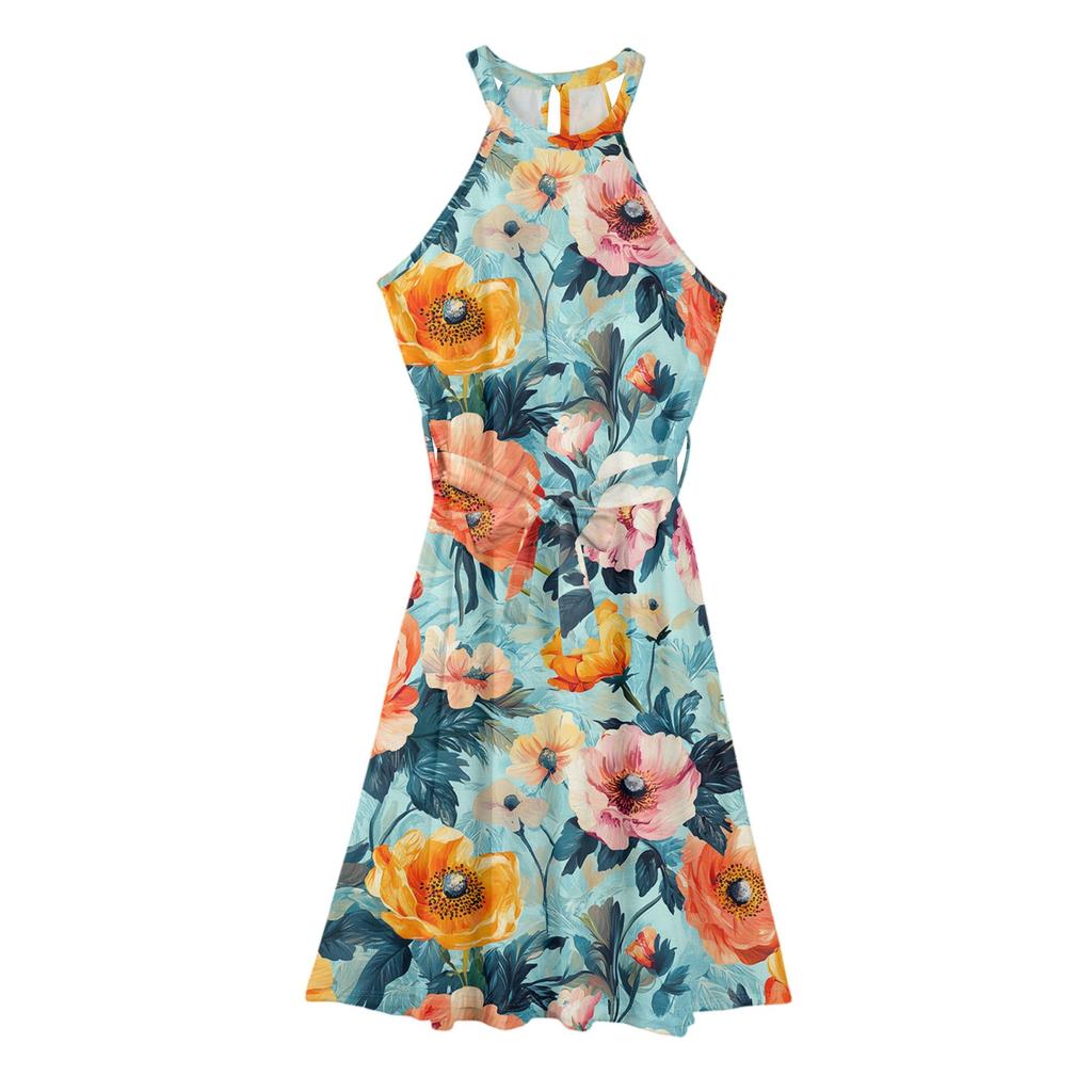 Женское повседневное платье миди с круглым вырезом, классическое, повседневное, без рукавов, свободное платье в стиле бохо с завязками, летний пляжный сарафан