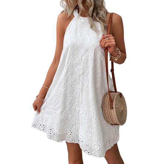Пляжное платье без рукавов с круглым вырезом и открытыми плечами, сплошной цвет, свободный подол, женское летнее повседневное платье с лямкой на шее и цветком
