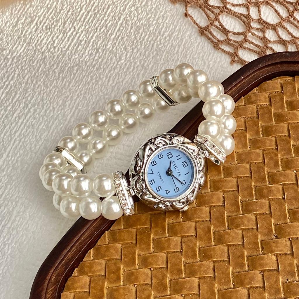 kids' Ladies Double-row Pearl Quartz Watches Elastic Strap Arabic Digital Dial Simple Watch For Kids Fashion Student Wristwatch