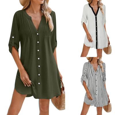 Женское повседневное однотонное полосатое платье-рубашка с V-образным вырезом и пуговицами