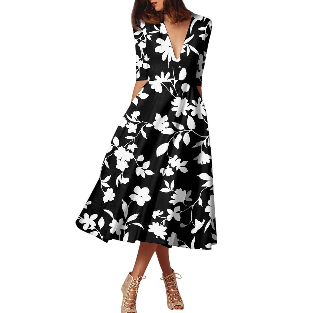 Модное платье средней длины с рукавами средней длины, цветочным принтом и сексуальным V-образным вырезом
