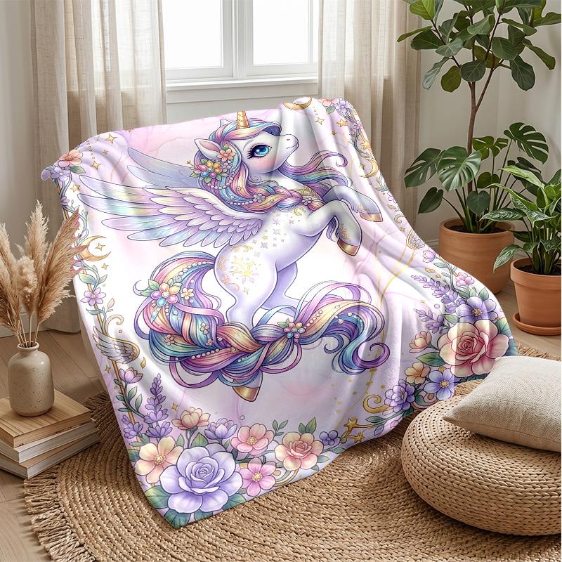 Rainbow Winged Unicorn Theme blanket Lightweight Warm Flannel Blanket Decorative Throw Blanket for Home Decoration
