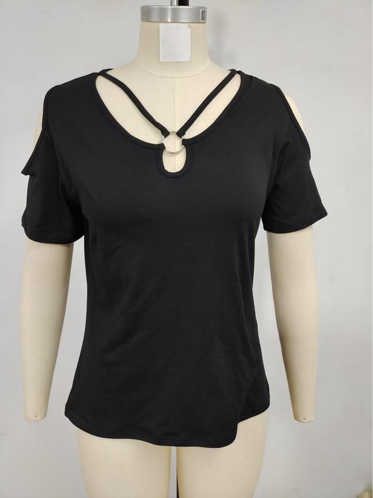 2025 Women's Solid Color V-Neck Off-Shoulder Short Sleeve Loose T-Shirt