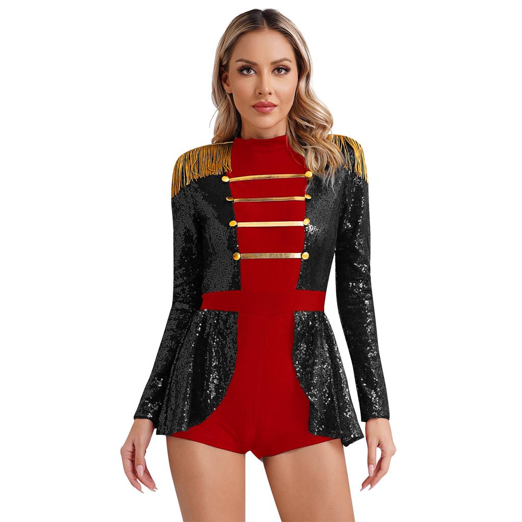 Womens Halloween Ringmaster Bodysuit Dress Sequin Jumpsuit Circus Cosplay Costumes