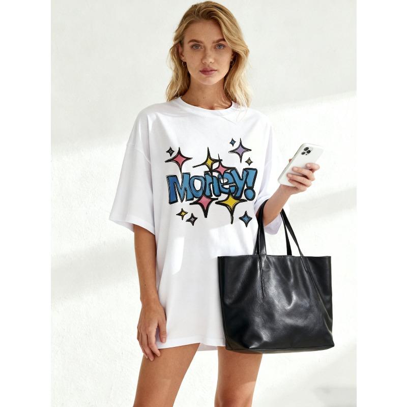 Oversized T-Shirt Black Money Text And Sparkle Stars Print Casual Streetwear Style For Women