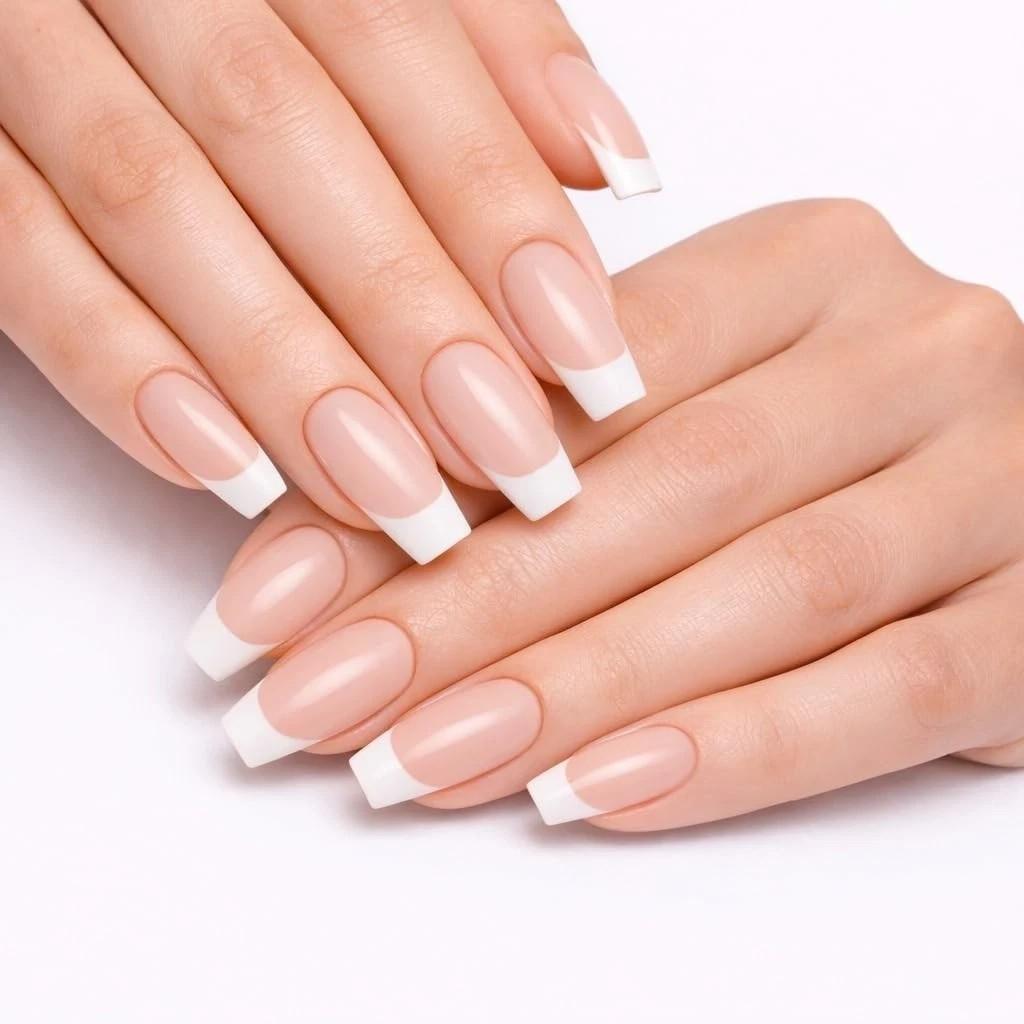 Sanfe Instant Stick On Nails - French Tips | 24 Reusable Artificial Fake Nail