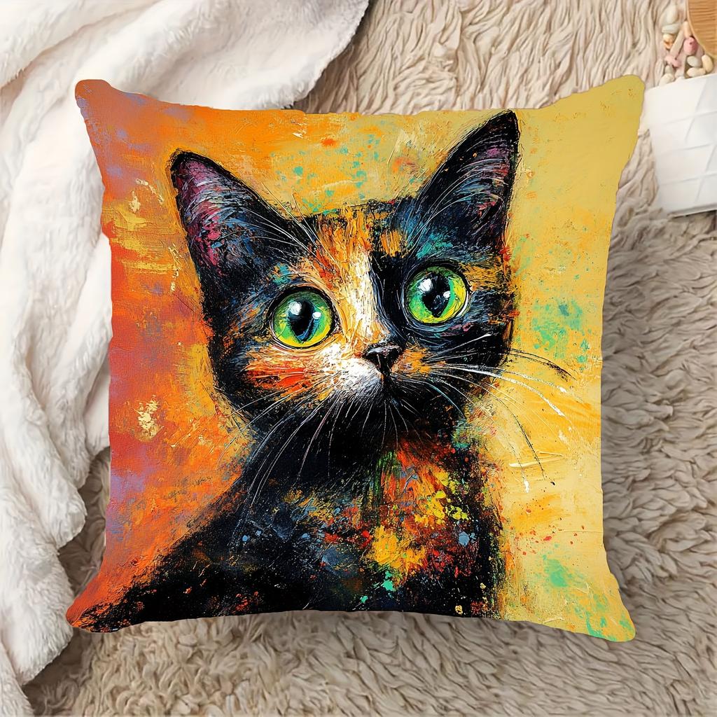 Colorful Tortoiseshell Cat Throw Pillow Cover, Vibrant Oil Painting Style Art Decorative Pillow Case