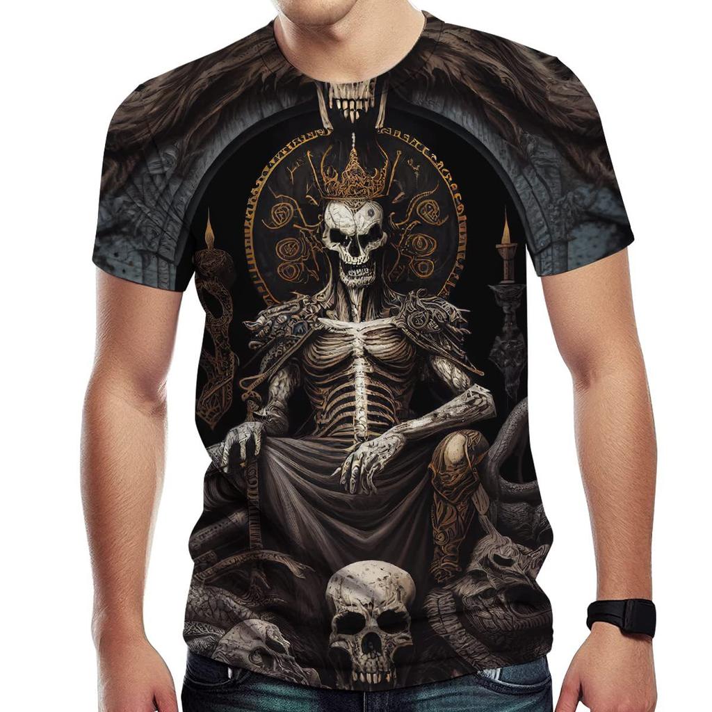 Летние футболки с круглым вырезом и 3D готическим принтом короля-скелета, модные повседневные мужские футболки с коротким рукавом