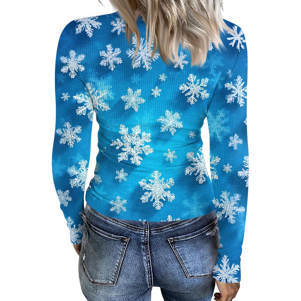 Women's Fashion Slim-Fit Round Neck Base Layer T-Shirt Christmas Print Long-Sleeved Top