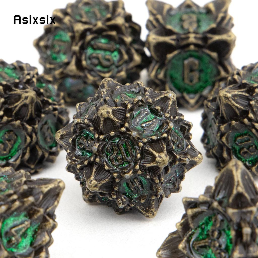 7 Pcs Copper Green Lotus Flower Metal Dice Solid Metal Polyhedral Dice Set Suitable for Role-Playing RPG Board Game Card Game