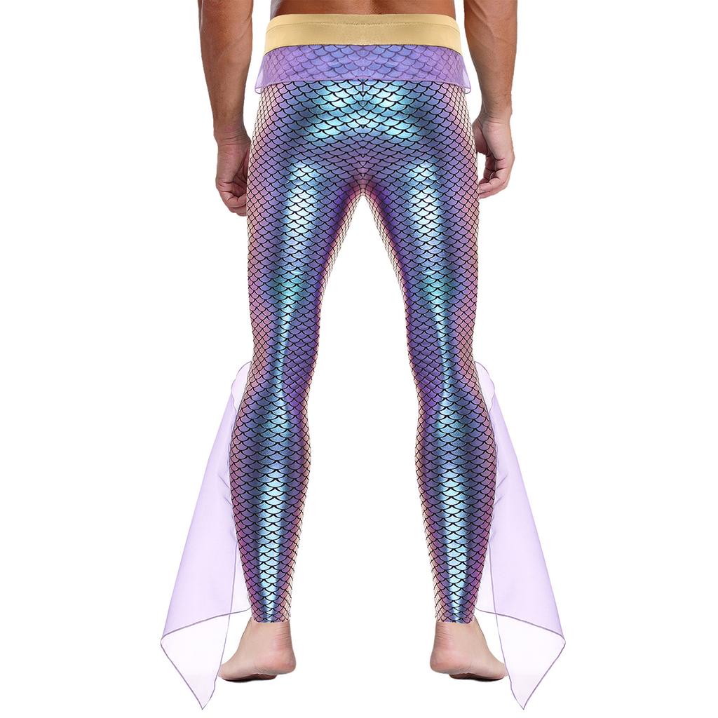 Mens Mermaid Pants King of the Seas Costume Elastic Waist Metallic Shiny Fishscale Print Tights Leggings