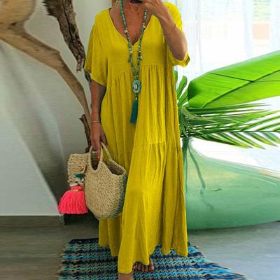 Женское платье макси, плиссированное, с v-образным вырезом, винтажное, с короткими рукавами, в стиле пэчворк, со свободным подолом, мягкое однотонное женское летнее платье