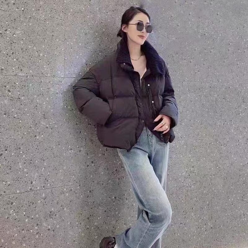 Короткий пуховик с трикотажным лацканом, женский, зима 2024, новый свободный повседневный утолщенный белый пуховик на утином пуху прилив