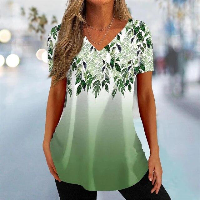 Летняя женская футболка с 3D цветочным принтом, красивая футболка с v-образным вырезом и коротким рукавом, трендовая модная футболка для женщин, уличная