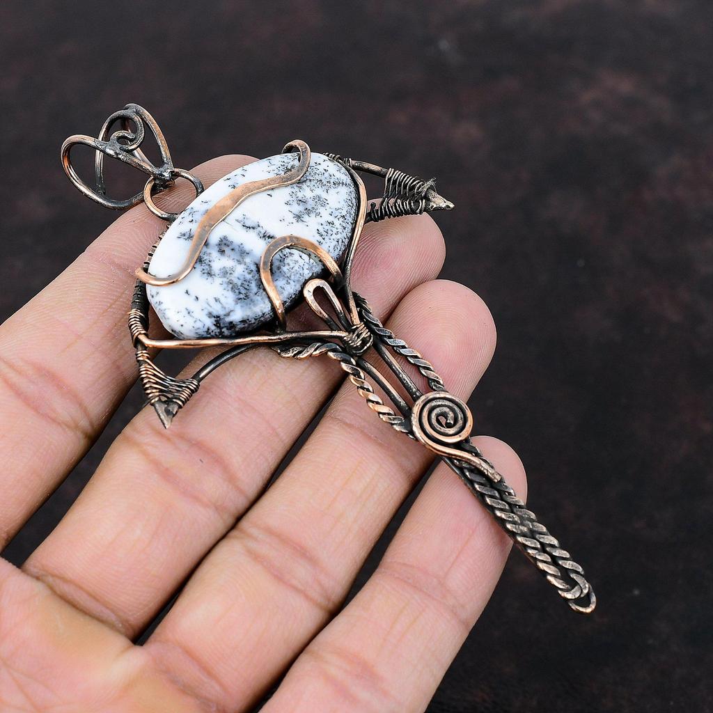 Кулон с дендритом и опалом, кулон в медной проволоке, приличный кулон, медные украшения, кулон ручной работы, кулон из проволоки, ювелирные изделия из драгоценных камней, подарок на годовщину