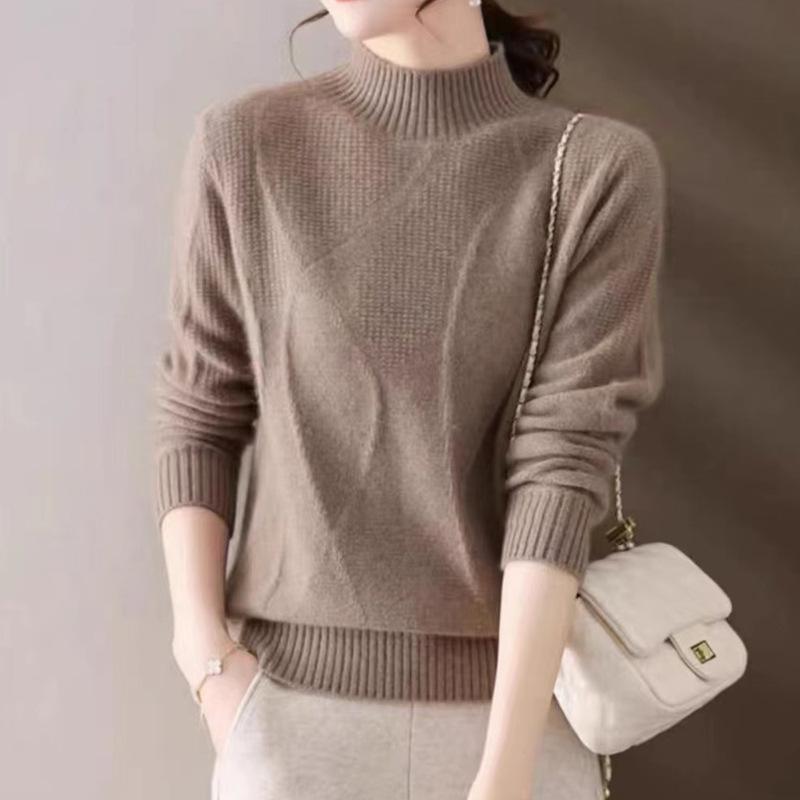 Women's Semi High Neck Sweater Autumn and Winter Solid Color Pullover Long Sleeved Knitted Sweater