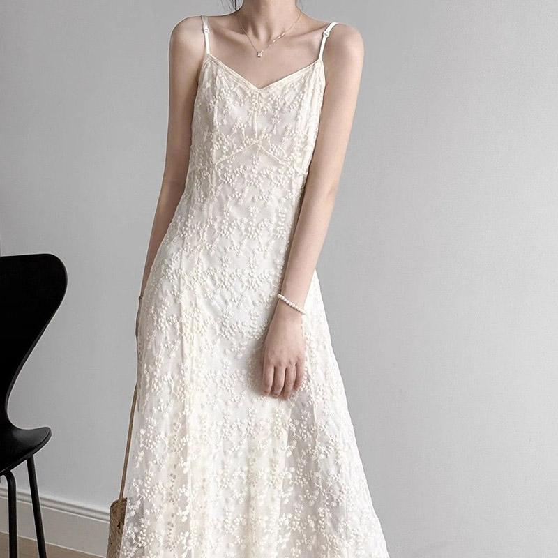 Платье-майка Летнее Кружевное Сексуальное Вышивка Мятая Цветочная Облегающее Пеплум Отпуск Морской Пляжные Платья