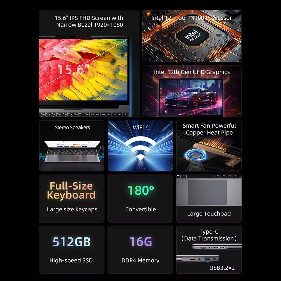 BMAX X15 Pro 15,6 дюйма 16 ГБ ОЗУ 512 ГБ SSD Процессор Intel 12-го поколения N100 Windows 11 Ноутбук 1920*1080 HDMI Wi-Fi USB ПК Ноутбук
